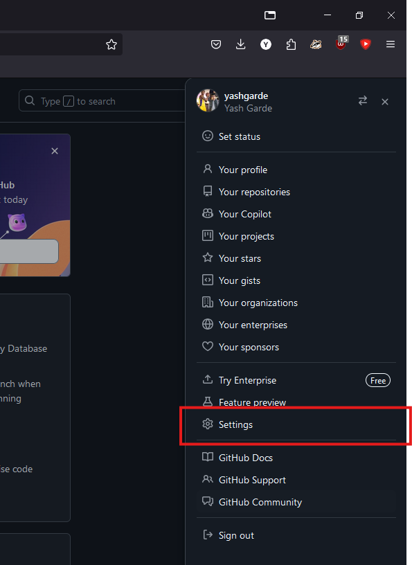Click on Settings in your GitHub account menu